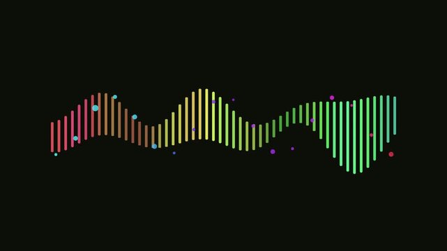 Dynamic Audio Visualizer Displaying Colorful Sound Waves and Pulsating Dots on a Dark Background Representing Modern Technology and Digital Music