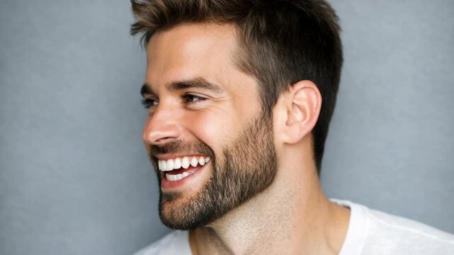A happy man is laughing and smiling.