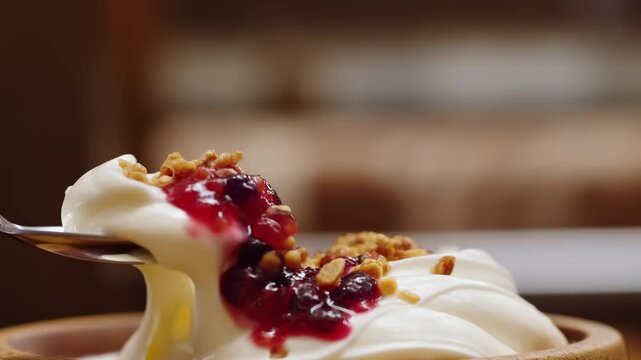 Spoon lifting creamy yogurt topped with glossy berry compote and chopped nuts, creating rich dessert motion with smooth texture, bright color, and appetizing close detail