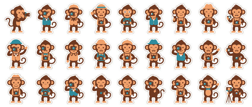 Set of Cute Monkey Photographer Character Stickers