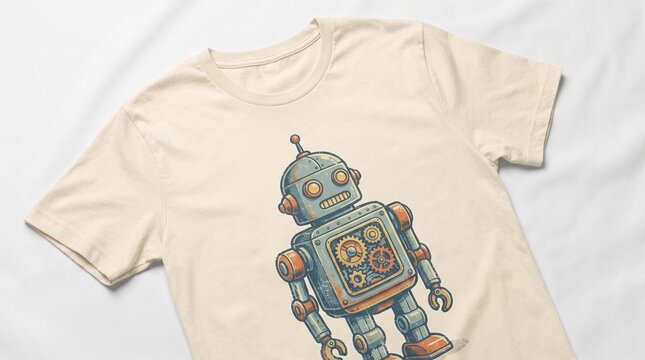 A cream-colored t-shirt with a retro robot graphic design on it lies flat on a white surface.