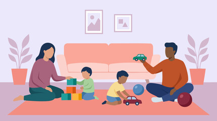 Family playing with children and toys at home in a living room