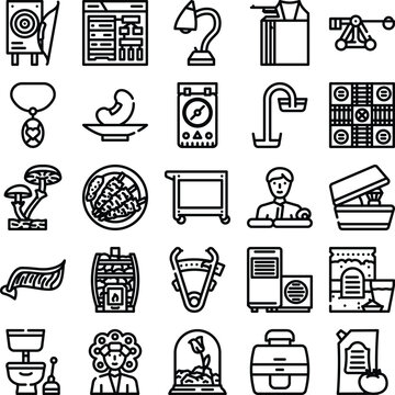 Collection of outlined icons illustrating a wide range of common objects, daily services, household items, lifestyle elements, and web symbols, perfect for diverse design needs