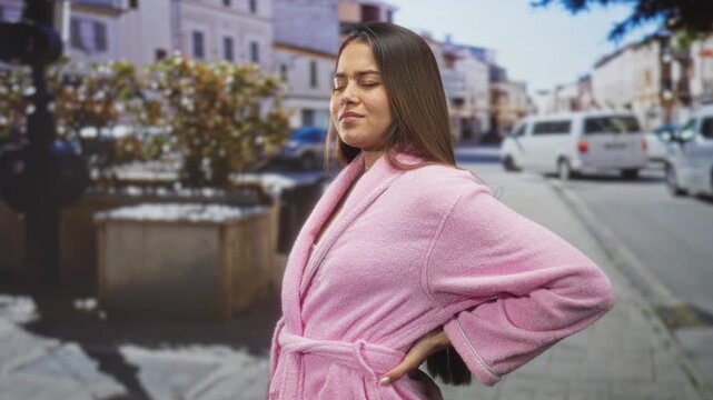 Woman in pink bathrobe holding hand on lower back with closed eyes and slight grimace on street with buildings and parked cars; discomfort fatigue.