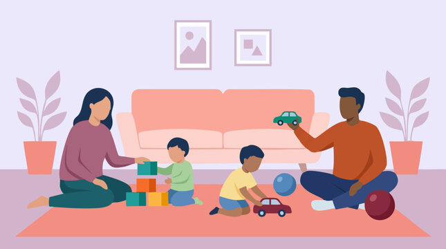 Family playing with children and toys at home in a living room
