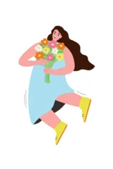 Flat illustration with a cheerful, caring woman with long hair in a dress with a bouquet of flowers. Vector graphics. © Ирина Горбунова