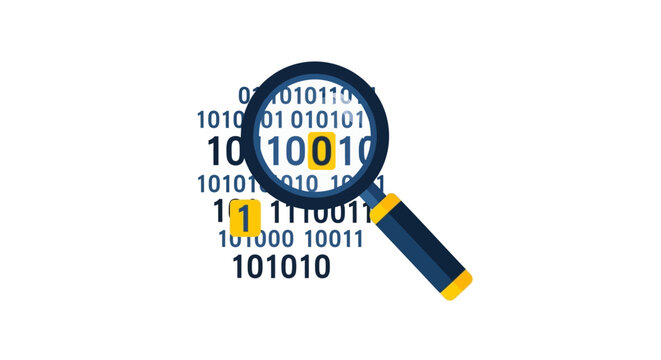 Magnifying Glass Analyzing Binary Code Illustration, Cyber Security and Data Science Concept, Software Debugging and Coding Research Flat Vector on White Background