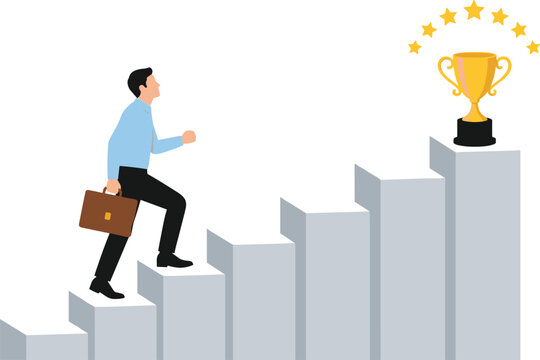 Businessman walking up stairs toward golden trophy cup success concept vector illustration for career achievement