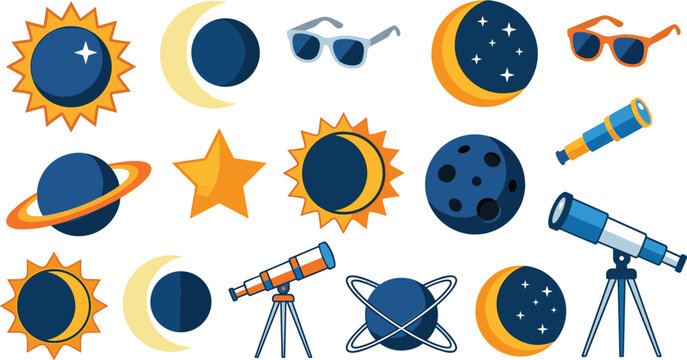 Solar and Lunar Eclipse Vector Icon Set Featuring Moon Phases, Telescopes, Sunglasses, Planets, and Astronomy Elements for Science Education Designs