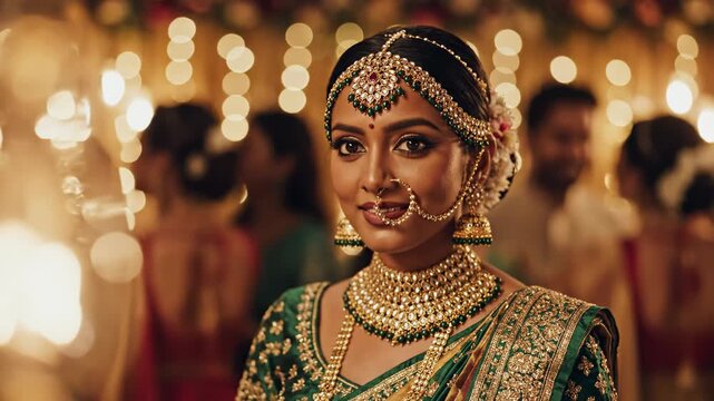 Indian woman in green silk saree with ornate gold jewelry, Maang Tikka, nose ring, and necklace at a festive wedding ceremony with warm blurred bokeh lights in background.