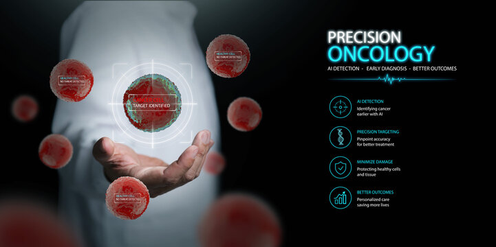 Precision oncology AI concept. Doctor using cancer cell detection and targeted analysis system. Early precise diagnosis technology, medical innovation, and artificial intelligence in healthcare.