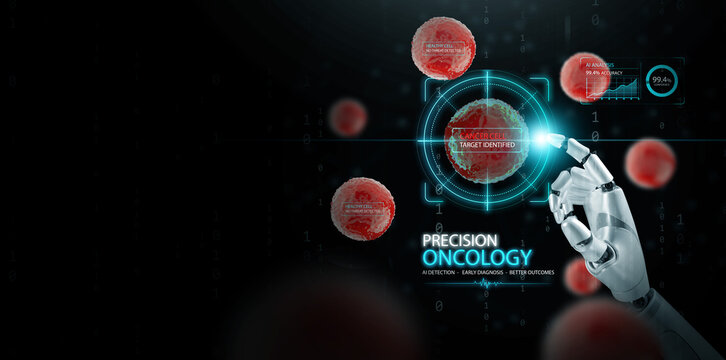 Precision oncology AI concept. Cancer cell detection with robotic hand targeting system. Medical innovation, early diagnosis, biotechnology, healthcare AI, and advanced cancer treatment technology.