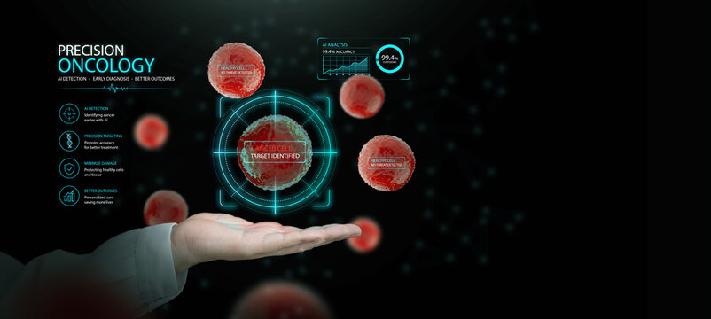 Precision oncology AI concept. Doctor hand showing cancer cell detection and digital targeting system. Early diagnosis, Ai healthcare analysis, biotechnology, medical innovation, advanced technology