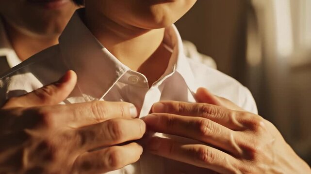 Father helping child button white shirt. Parent dressing young boy for formal event. Traditional family ritual of getting ready for school or celebration indoors