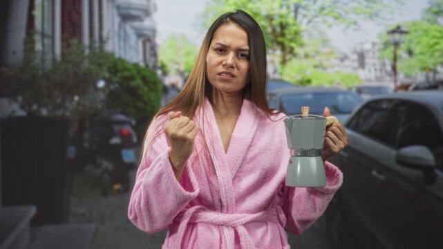 Woman in pink bathrobe holds a stovetop coffee maker and clenches fist with raised bare hand on a street near parked cars and buildings; frustration.