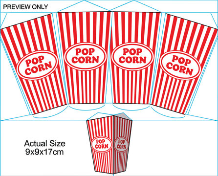 Popcorn box dieline template packaging blueprint layout with red white stripes classic movie theater snack container vector
