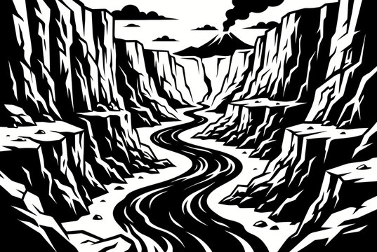 Dramatic Canyon Landscape with Winding River and Distant Volcano