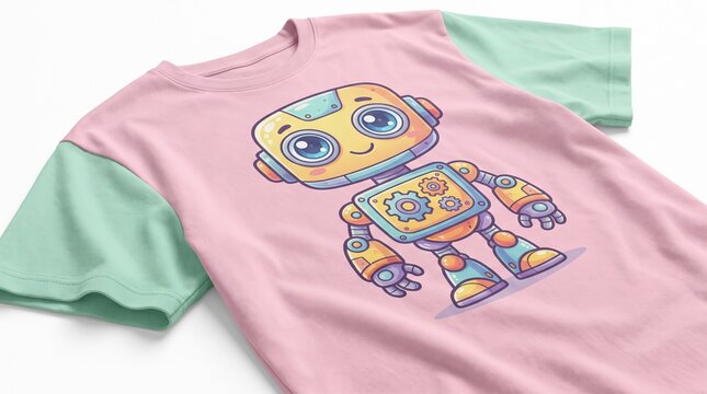 Oversized t-shirt with colorful robot graphic on front lying flat indoors