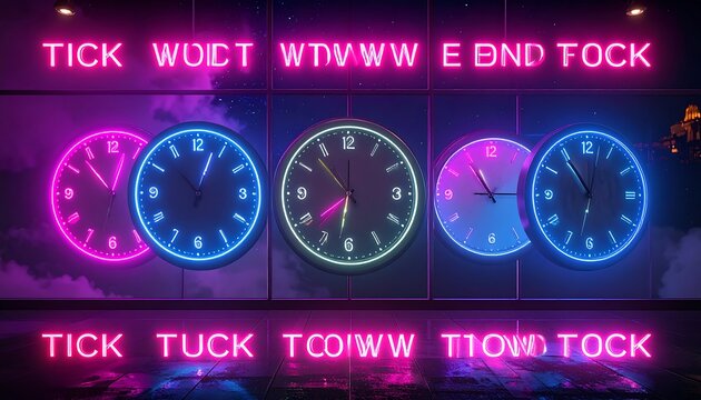 Abstract digital clock faces with neon glow effects.