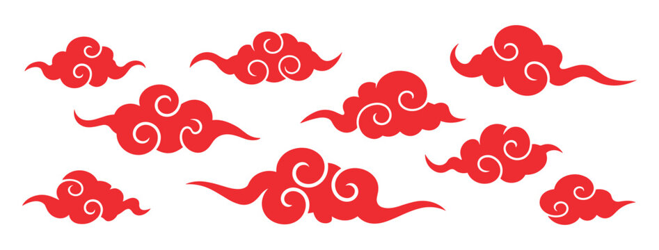A collection of traditional chinese style red swirling cloud illustrations featuring ornamental flat graphic designs isolated on a white background for festive asian decorative design projects