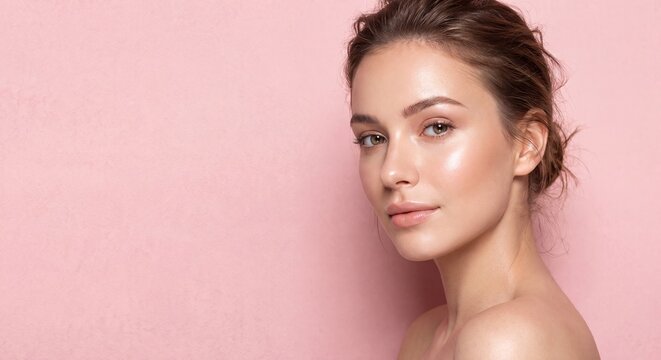 Side profile portrait of a beautiful young Caucasian woman with clean glowing skin and hair tied up looking over her shoulder against a solid pastel pink background