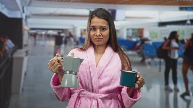 Young hispanic woman in pink bathrobe holding coffeemaker and mug, frowning with hands extended in airport terminal; travel frustration.