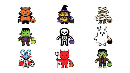 Fototapeta premium Cute Halloween Characters: A charming collection of nine adorable, cartoonish Halloween characters, including a vampire, witch, mummy, Frankenstein, skeleton, ghost, devil.