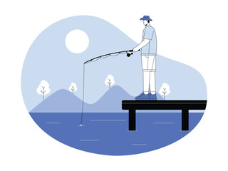 A man wearing a sun hat stands on a wooden dock casting his fishing line into the water. © Calm Girl