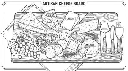 Obraz premium Detailed hand drawn illustration of an artisan cheese board with various cheeses and grapes.