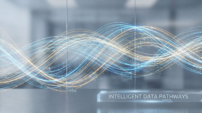 Digital light waves representing intelligent data pathways flowing across modern office space. Concept of global information network, cloud computing, futuristic communication and connectivity.