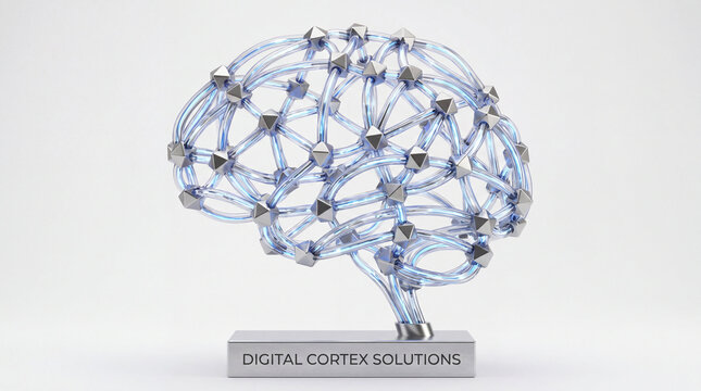 Artificial brain made of glowing fiber optic tubes and metallic connection nodes. Futuristic digital intelligence symbol. Innovative technology and neural network processing concept.