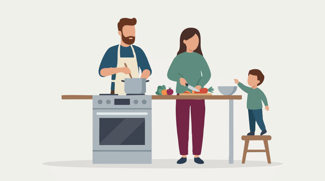Family cooking together in a kitchen, preparing a healthy meal