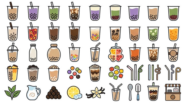 Colorful Bubble Tea Icon Collection with Various Toppings