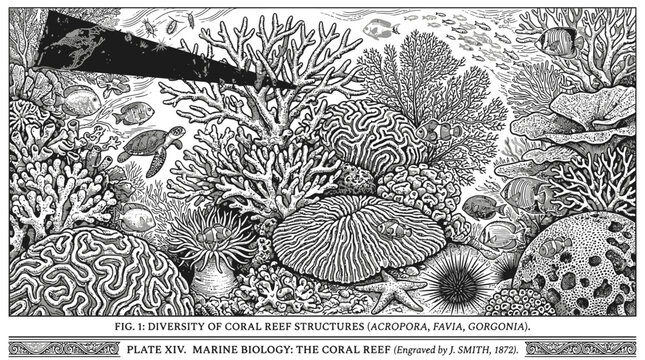 Vintage scientific illustration of diverse coral reef structures and marine life from a nineteenth century biology plate.