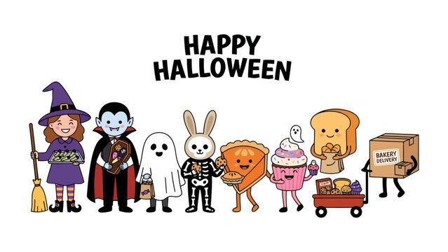 Happy Halloween Characters: A whimsical collection of cartoon characters, including a witch, vampire, ghost, bunny, pumpkin pie, cupcake, and sentient baked goods.
