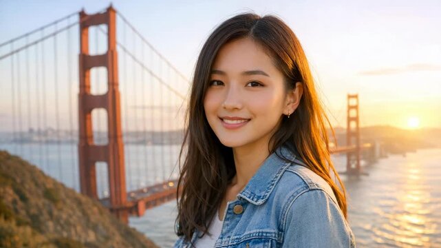 Golden Gate Bridge glows behind smiling woman. Sunset paints sky and water in warm tones. She wears denim jacket, stands on rocky shore. Soft light catches her hair and gentle smile