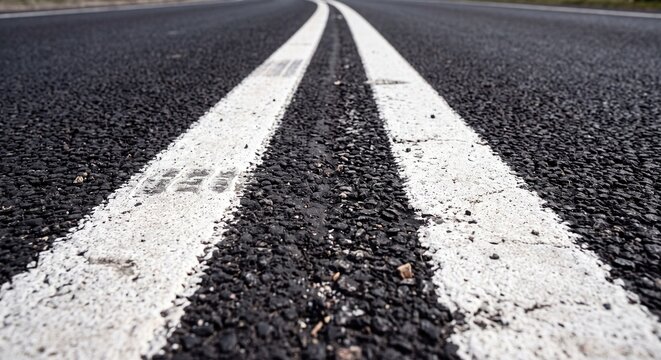 A close up low angle shot focusing on the solid and dashed white painted lines marking lanes on a clean dark asphalt highway road surface