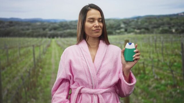 Woman in pink bathrobe young brunette holding green toothpaste bottle and pointing finger to temple among vineyard rows, smiling slightly; thoughtful curiosity.