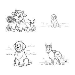Obraz premium Cute cartoon animals with flowers in hand-drawn style. Adorable pets and wildlife illustrations for children's design projects.