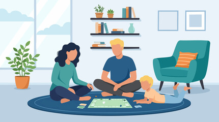 Fototapeta premium Happy family playing board game together on the floor at home