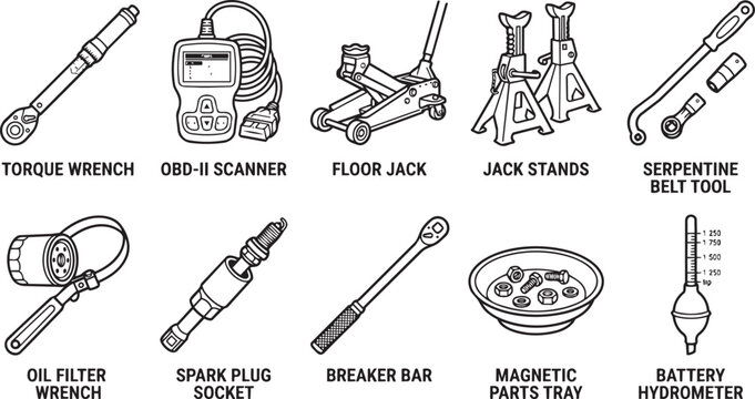 Set of car repair tools including torque wrench obd-ii scanner floor jack stands breather