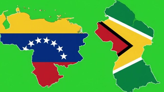 Venezuela and guyana country map graphic with national flag colors
