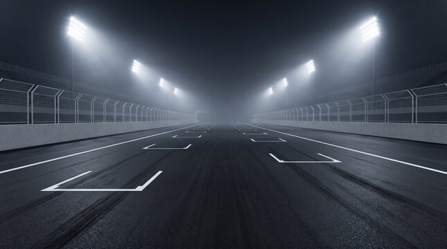 Dramatic empty racing circuit under bright spotlights, ready for high-speed action