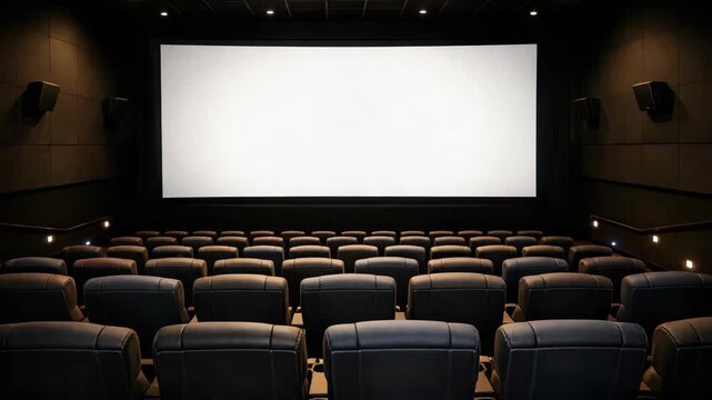 An empty movie theater with large screens and comfortable seats ready for a film screening.