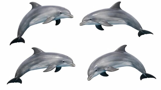 A dynamic featuring four dolphins leaping out of the water in a synchronized motion, capturing the joy and freedom of these marine mammals.