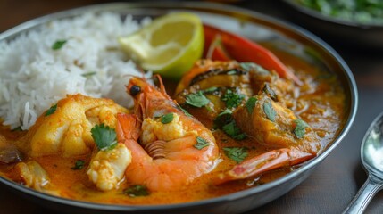 Fototapeta premium Delicious seafood curry served on a silver plate with white rice, lime, and fresh herbs in a vibrant culinary display
