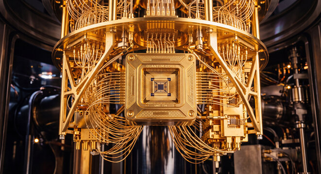 An intricate technological structure of gold plated coaxial cables and connectors converging on a central microchip system inside a supercomputer