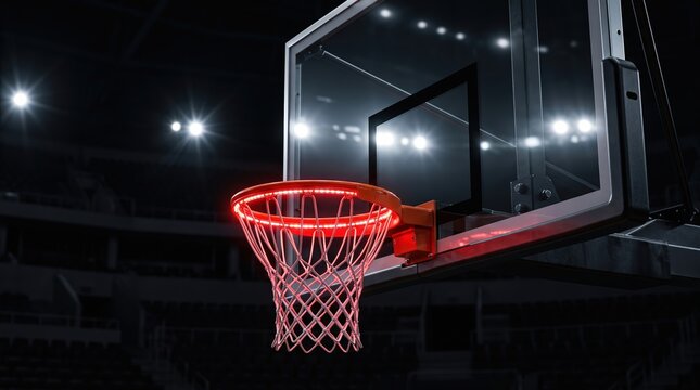 Vibrant red illuminated basketball hoop in a dimly lit arena, ready for game action