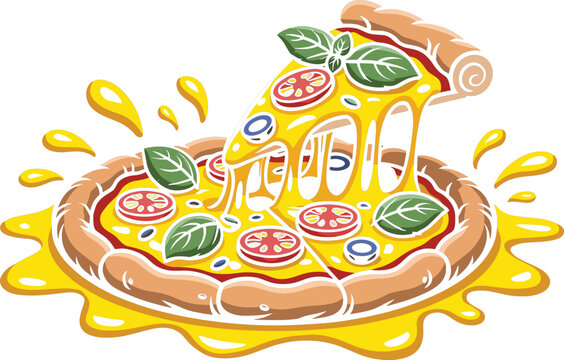 Margarita pizza vector with pulled slice stretchy cheese strings basil leaves tomatoes and liquid splash background