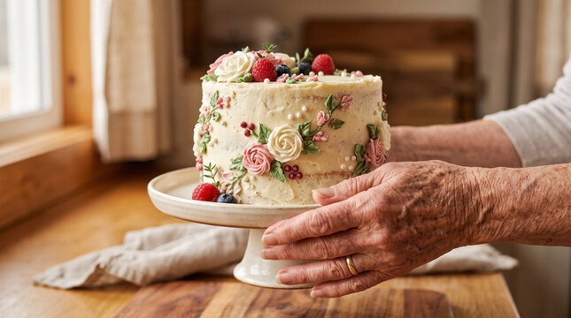 Senior hands presenting cake on white stand, buttercream decorated cake with fresh berries, floral designs. Senior hands presenting cake for homemade baking, family traditions, dessert display.
